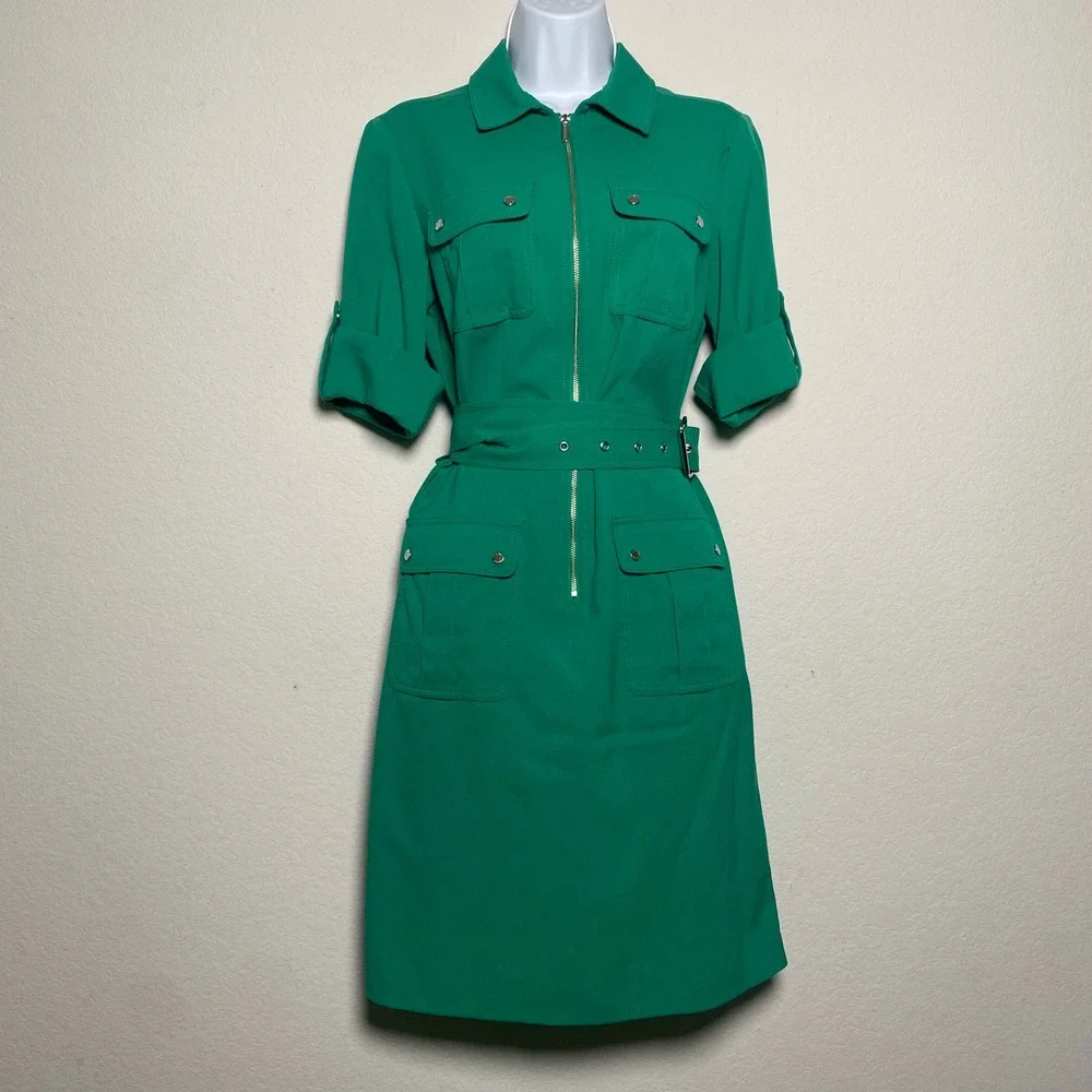 Michael Kors Kelly Green Knee Length Front Zip Dress Cuffed Sleeve Preppy Polish